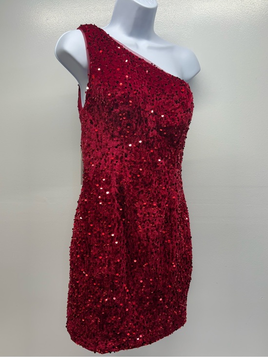 Dresses & Skirts - Red One-Shoulder Sequin Party mini Dress size 4 (small)asymmetrical straps new